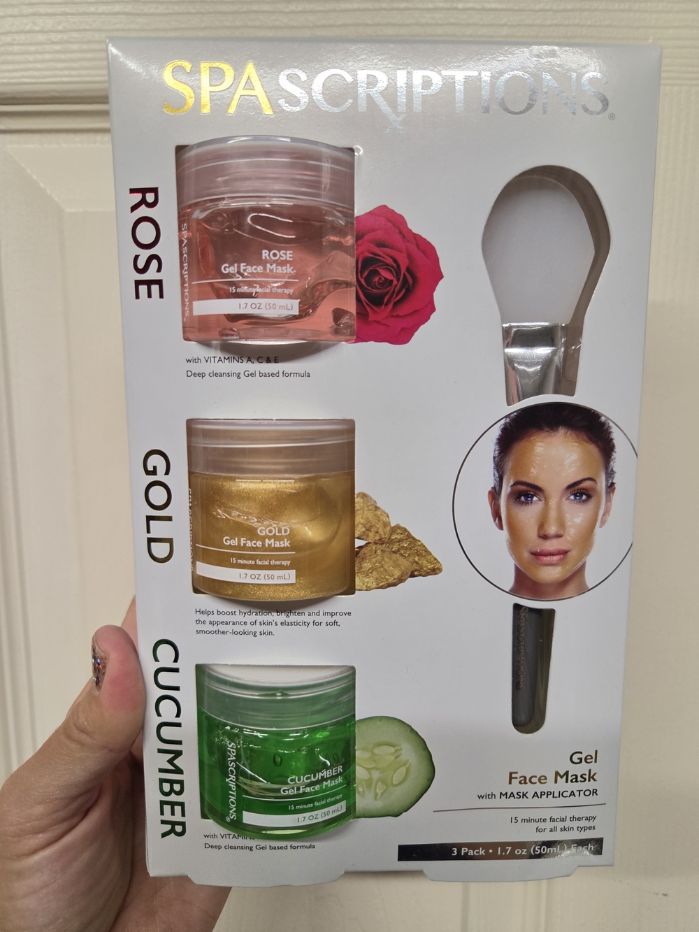 SpaScriptions Gel Face Mask Trio with Applicator - Rose/gold/cucumber